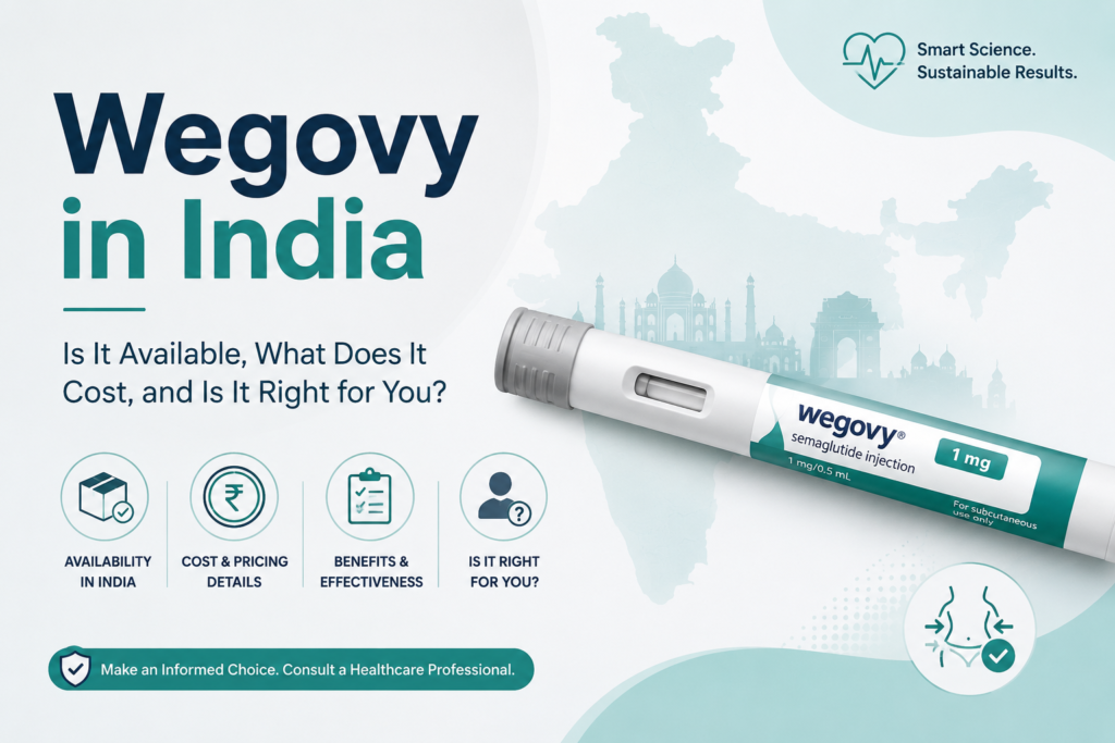 Banner for " Wegovy India - Is it available, What does it Cost, And Is it right for You?" featuring a Wegivy pen, key topics like availability, cost, benefits, and medical guidance